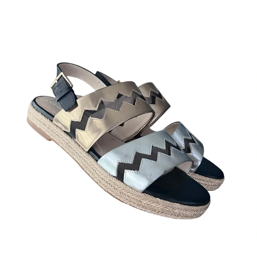 Cole Haan Emilia Metallic Black Silver Zigzag Espadrille Sandal Size 8.5